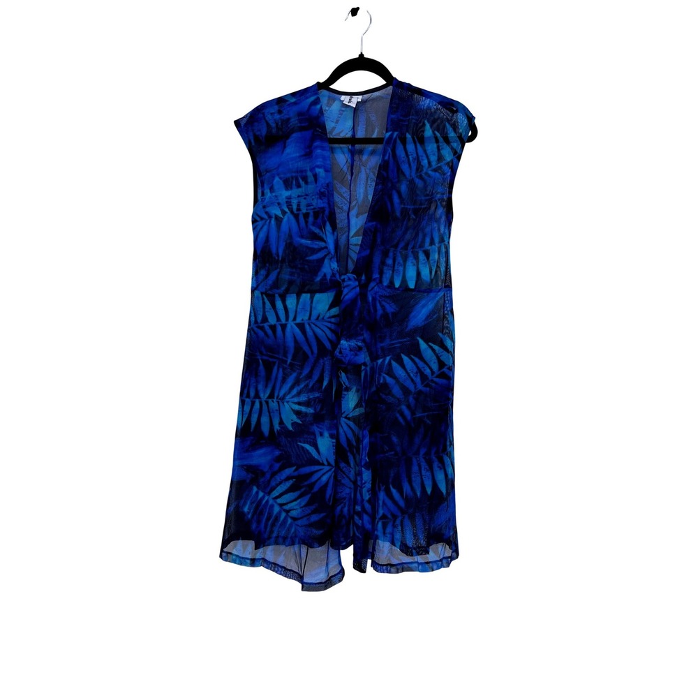 Miraclesuit Blue Tropical Palm Leaf Sheer Swim Cover Up Medium